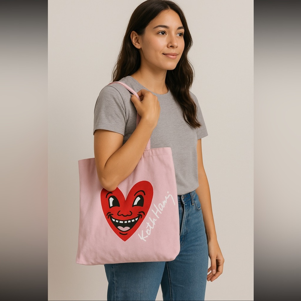 H&M x Keith Haring Pink Tote Bag – Red Heart Face Graphic Canvas Shopper